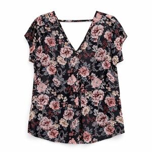 Halogen Floral V-Neck Blouse Black Pink 1X